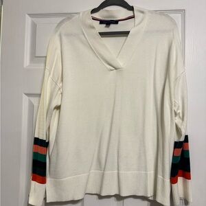 Tommy Hilfiger Cream V-Neck Sweater with Striped Sleeves